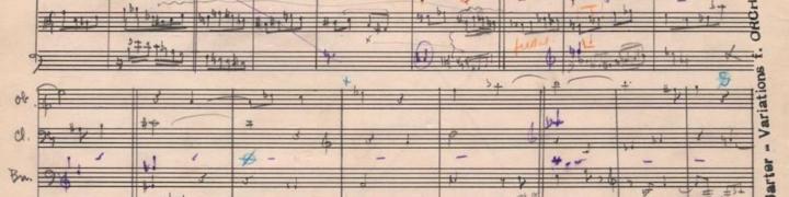 Excerpted section of Elliott Carter's Variations for Orchestra manuscript.